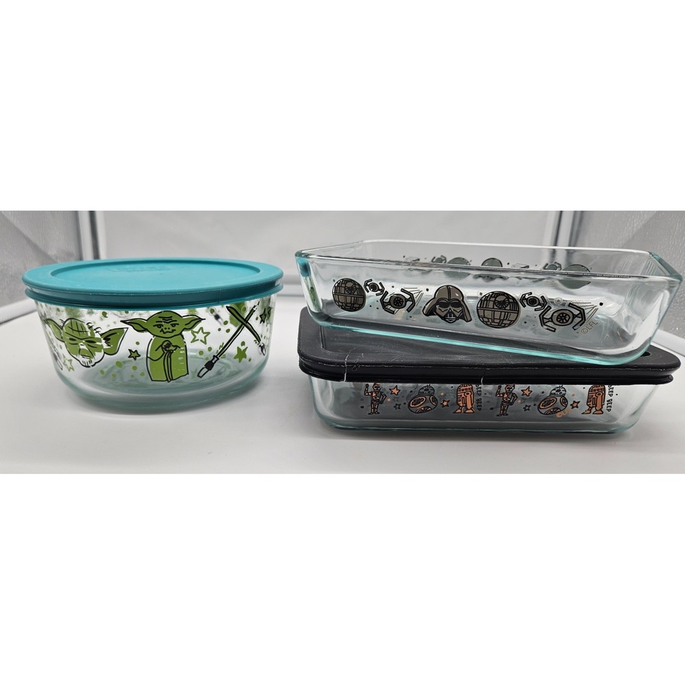 Pyrex Star Wars Glass Food Storage Set Yoda Darth Vader Droids 3 Dishes 2 Lids